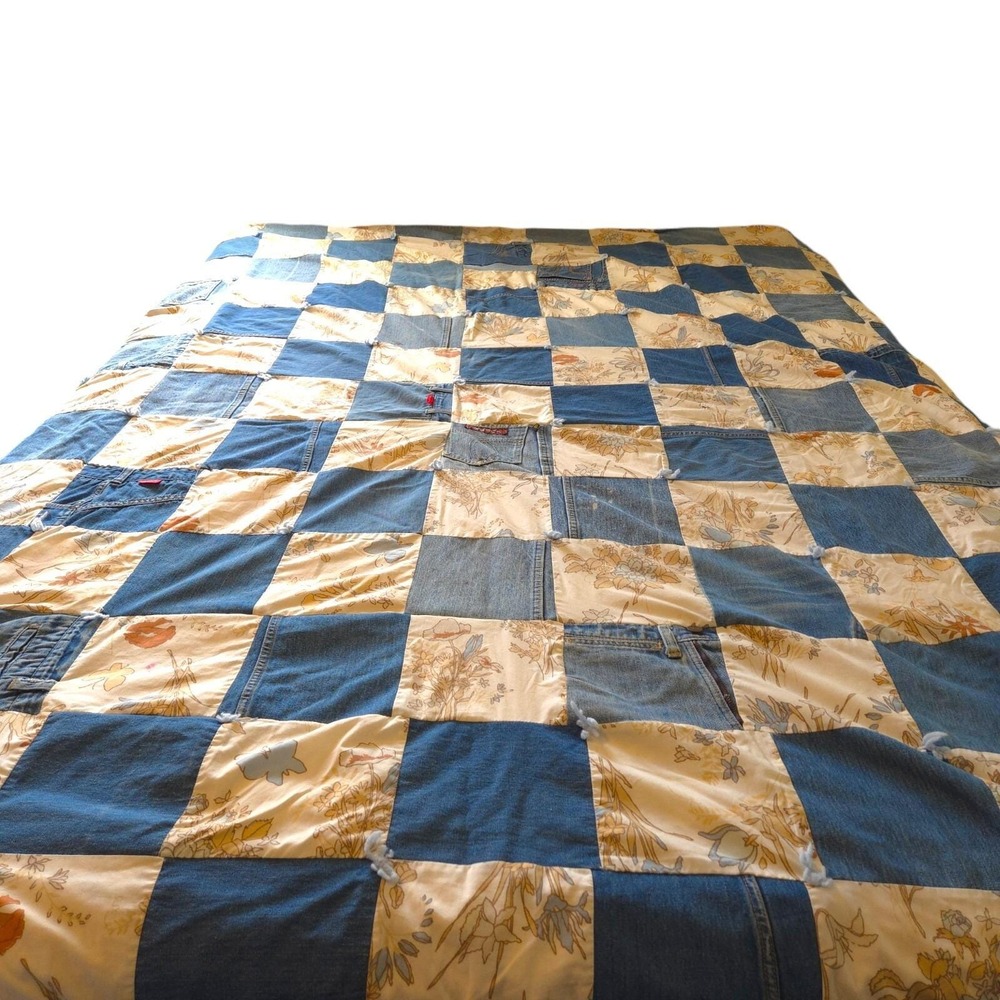 70's Denim Blue Jeans Patchwork Quilt Butterfly Hippy Queen 68"x88" reversable